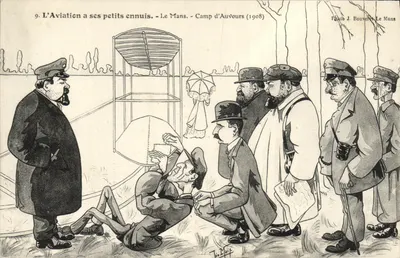 A Aviação em seus pequenos problemas — Le Mans — Campo de Auvours (1908) — Foto J. Bounerey, Le Mans