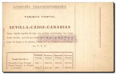 Vapor Plus Ultra — Compañía Trasmediterránea — Sevilla-Cádiz-Canarias — Reverso