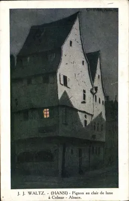 Bilhete postal antigo Fantasia Valsa Hansi Pignon sob a lua em Colmar