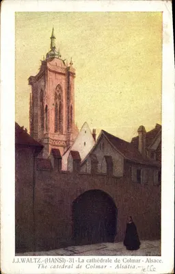 Bilhete postal antigo Fantasia Waltz Hansi A Catedral de Colmar Alsace