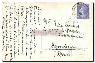 Jovem mulher em vestido azul oferecendo flores a um homem sentado — Farmacêutico P. Braunschweig — Drulingen — Verso