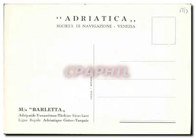 Le paquebot BARLETTA — dessin maritime — éditeur Adriatica, Venise — Reverso