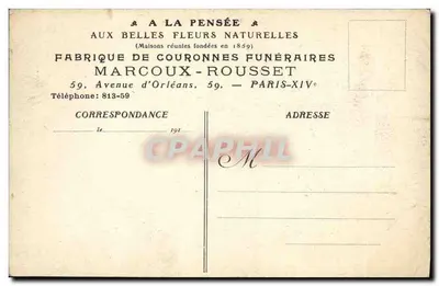 Stara pocztówka Fantaisie A la pensee aux belles fleurs naturelles Fabrique de couronnes funeraires Marcoux Rousset Avenue d Orleans — Rewers