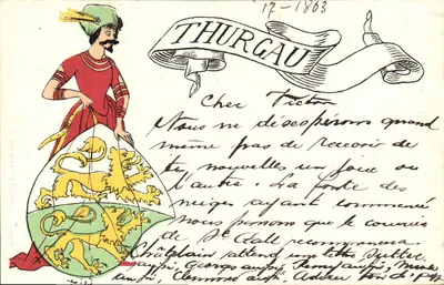 Thurgau — ilustracja mężczyzny w stroju tradycyjnym z herbem — wydawca: F. B. Meyer & Cie, n° 2056