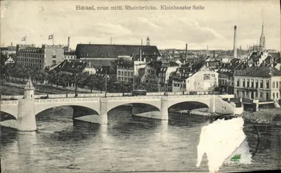 Bilhete postal antigo Suiça Basileia nova média ponte do rio Kleinbaseler lado