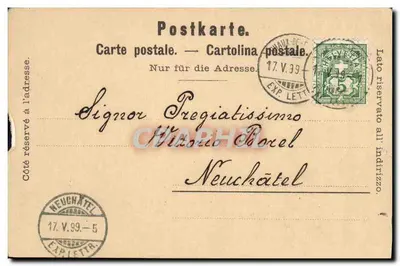 Stara pocztówka Szwajcarii La Chaux de Fonds monumentalna fontanna Szkoła zegarmistrzowska Karta 1899 — Rewers