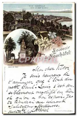 Vue générale — Baie du Mont Blanc — Souvenir de Neuchâtel — Statue David de Pury — Bréquel & Fils, Genève