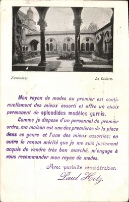 Le Cloître — vue du cloître de l'abbaye de Neuchâtel — éditeur Paul Hotz