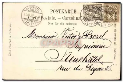 Neuchâtel — Vista histórica do Ponte da Correio (1830) e da Praça do Mercado (1790) — editor não visível — Verso