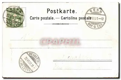 Laupen — Widok miasta z herbowym znakiem — wydawca HUCKEBEIN — Rewers