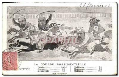 Bilhete postal antigo A corrida presidencial Loubet Doumer Bourgeois Cavalos Hipismo