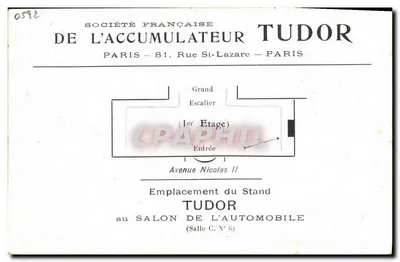 Francuska Spółka Akumulatora Tudor — prezentacja zacisków A i B model 1907 — oraz lokalizacja stanu na Salonie Samochodowym — Rewers