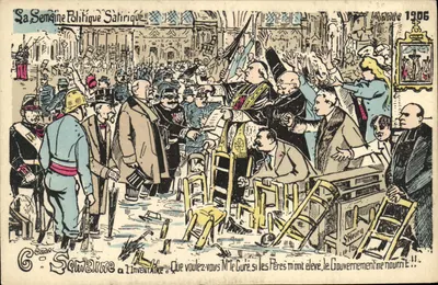 Cena política satírica — 'O que quer, Sr. Padre, se os Pais subirem, o Governo não alimenta!' — editor St. Heurey, n° 1300, ano 1906