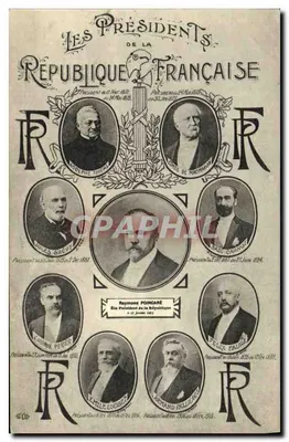Les Présidents de la République Française — portraits de Thiers, MacMahon, Breyvy, Poincaré, Deschanel, Loubet, Favier — éditeur non identifié, n° de série 0691