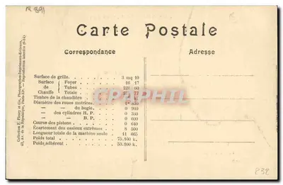 Locomotiva francesa n° 250-880 — Série 230-841 a 230-883 — Estado 1912 — F. F. PARIS — Verso