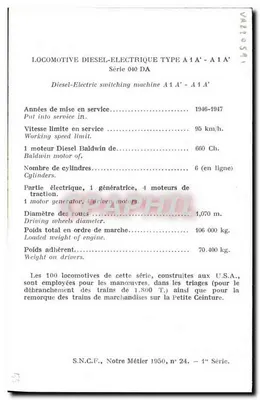 Locomotywa dieslo-elektryczna typu A1'A1' — seria 040 DA — S.N.C.F., Nasz zawód 1950, nr 24 — 1. seria — Rewers