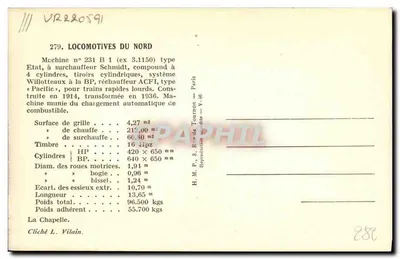 Locomotywa n° 231 B 1 — typ Pacific — wydawca H.M.P., Paryż — numer seryjny 279 — Rewers