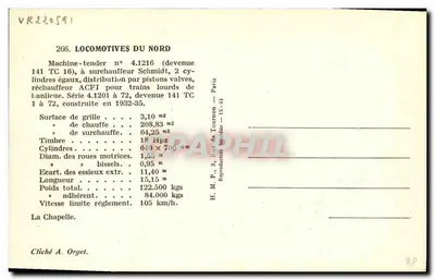 Locomotiva do Norte — Máquina-tender n° 4.1216 — H. M. P., Rue de Tournon — Paris — Verso