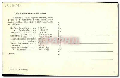 Locomotiva a vapor Nord 2.153 — Série 2124 a 2157 — H.M.P., Paris — Verso