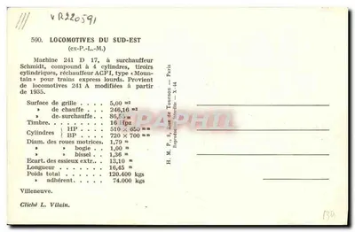Locomotives du Sud-Est — Maszyna 241 D 17 z nadmiernym ogrzewaniem — H. M. P., Rue de Tournon — Paris — Rewers