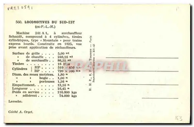Locomotiva 241 A 1 — Sud-Est (ex-P-L-M) — H. M. P., Paris — Verso