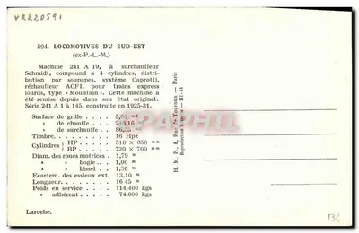 Locomotiva 241 A 19 — Sud-Est — H.M.P., Paris — Verso