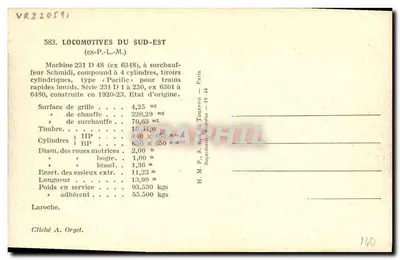 Locomotiva a vapor — Locomotivas do Sudeste (ex-P.-L.-M.) — H.M.P. Paris — Verso