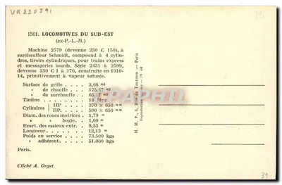 Locomotiva a vapor — Máquina 2579 (tornou-se 230 C 150) — H. M. P., Paris — Verso