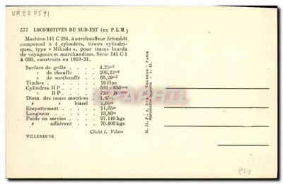 Locomotiva 141 C 284 — tipo Mikado, série 141 C — H.M. P. & Fils, Tournon — Verso