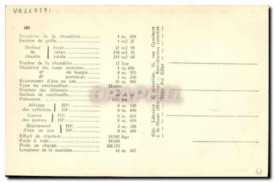 Lokomotywa złożona, 4 cylindry, z nadgrzejnikiem, n° 231.036, typ Pacific, do pociągów szybkich — Société de Batignolles-Chatillon, 1923 — Éd. Librairie A. Gauttier, 15, rue Gambettis, St-Dizier — Rewers