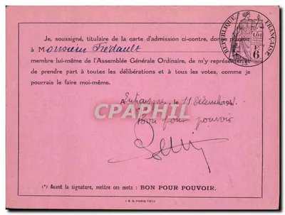 Assemblée Générale Ordinaire — Compagnie des Chemins de Fer du Maroc — Carte d'Admission n°89 — Verso