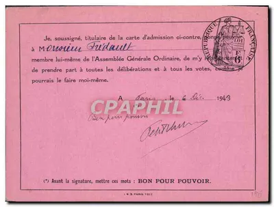 Assembléia Geral Ordinária — Companhia dos Caminhos de Ferro do Marrocos — Carta de Admissão n°91 — Verso