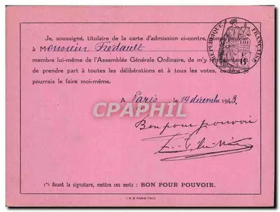 Assembléia Geral Ordinária — Companhia dos Caminhos de Ferro do Marrocos — Carte d'Admission n° 93 — Verso