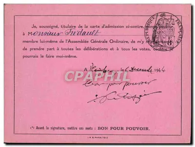 Assembléia Geral Ordinária dos Acionistas — Companhia dos Caminhos de Ferro do Marrocos — Carta de Admissão n° 92 — Verso