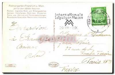 Frankfurt a. Main — Terraza de las Gaststätten del Palmengarten — Trinks & Co., Leipzig, n° 158 — Reverso