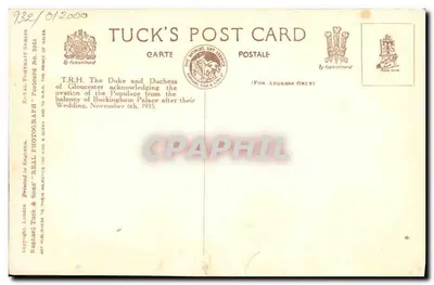Książę i Księżna Gloucester — po ślubie — Tuck's Post Card nr 3984 — Rewers