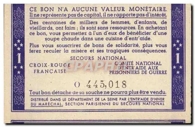 Karta Solidarności — 1 frank — Secours National / Croix-Rouge Française — Rewers