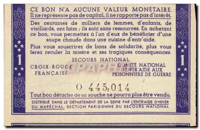 Karta solidarności — 1 frank — Secours National, Croix-Rouge Française — Rewers