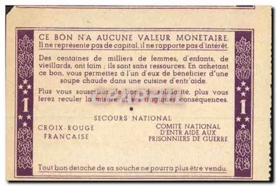 Karta Solidarności — 1 frank — Secours National Croix-Rouge Française i Comité National d'Entraide aux Prisonniers de Guerre — Rewers