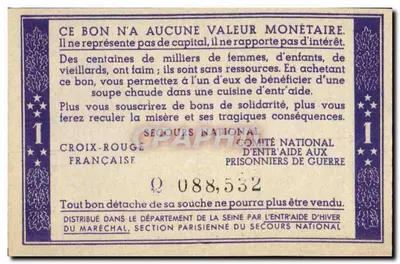 Bilhete de Solidariedade — 1 franco — Secours National e Cruz Vermelha Francesa — Verso