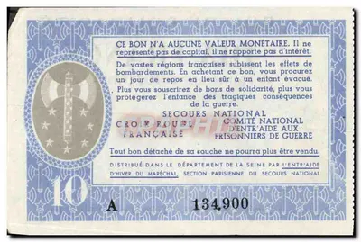 Karta solidarności dziesięć franców — na rzecz cierpiących ludności cywilnej i więźniów — Secours National, Francuska Krzyżowa — Rewers