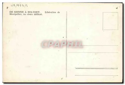 Montpellier — Défilé de chars de libération — Éditeur : Imprimerie de Sienne — Verso