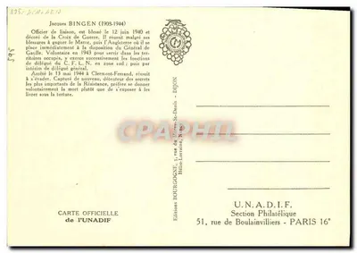 Jacques Bingen - 1908-1944 — Herói da Resistência — Edições UNADIF — Verso