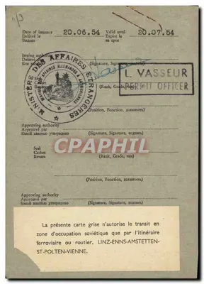 Zezwolenie na przejście sił okupacyjnych 1954 Linz Enns Anstetten St Polten Vienne Leroux Militaria — Rewers