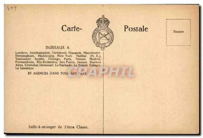 R.M.S.P. "Arlanza" — Sala de comedor de segunda clase — South American Steamship Company — Reverso