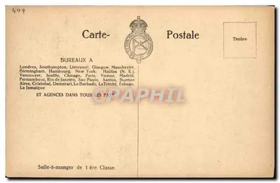 R.M.S.P. "Arlanza" — Sala de jantar de primeira classe — Serviço da América do Sul — Verso