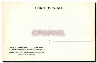 Barco de atum no local de pesca no mar — Desenho de A. Sebille — Comité National de l'Enfance — Verso
