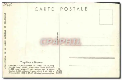 Torpilleiro « Siroco » — Coleção da Liga Marítima e Colonial — I. Hauffner — Verso