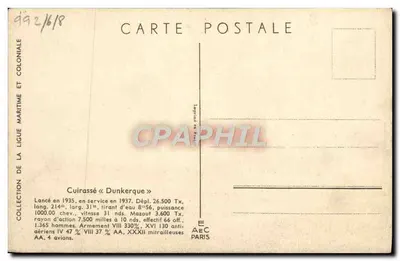 Cruiser « Dunkerque » — Coleção da Liga Marítima e Colonial — Editor Paris — Verso