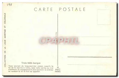 Trójmasztowa barka — Typ typowy dla średnich statków przewozowych do końca żeglugi — Wydawca AEC Paris, nr 198 — Rewers